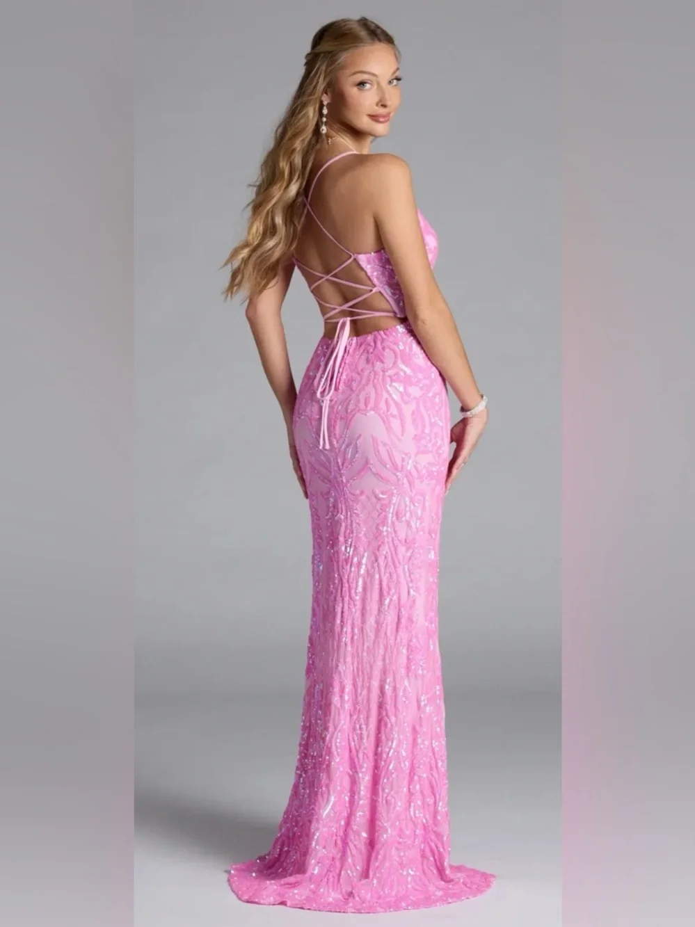 Windsor Pink Sequin Spaghetti-Strap Prom Gown with Thigh Slit - Picture 2 of 12